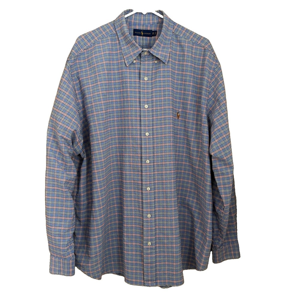 Ralph Lauren Blue Plaid Button Down Shirt 2XB Big & Tall Cotton Preppy Business